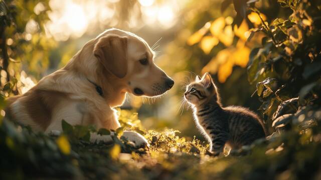 Hund und Katze im Garten bei Sonnenuntergang