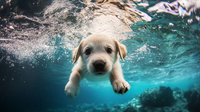 Welpe taucht im blauen Wasser