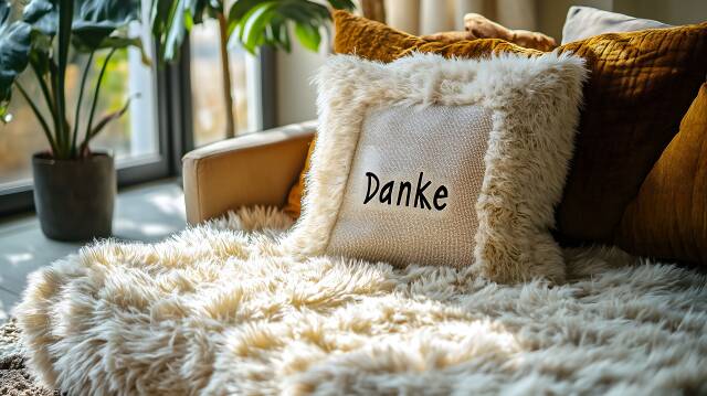 Flauschiges Kissen mit Danke-Stickerei auf Sofa