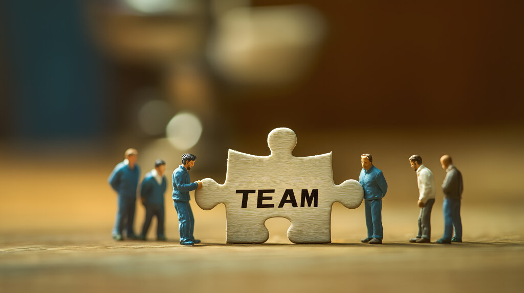 Team: Miniaturfiguren tragen ein Puzzleteil