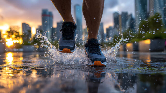 Läufer springt durch Wasserpfütze in der Stadt bei Sonnenuntergang